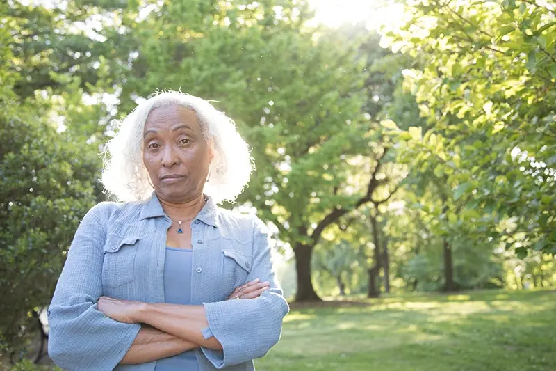 senior woman looks disparagingly at the camera